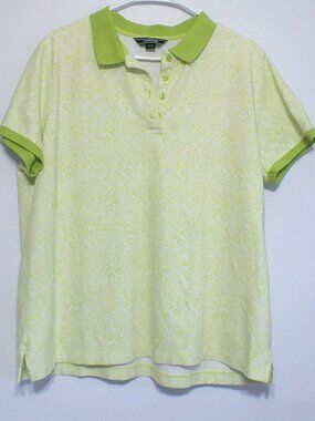 Lands’ End Women’s Polo Shirt XL Green Paisley Short Sleeve Cotton Stretch Top